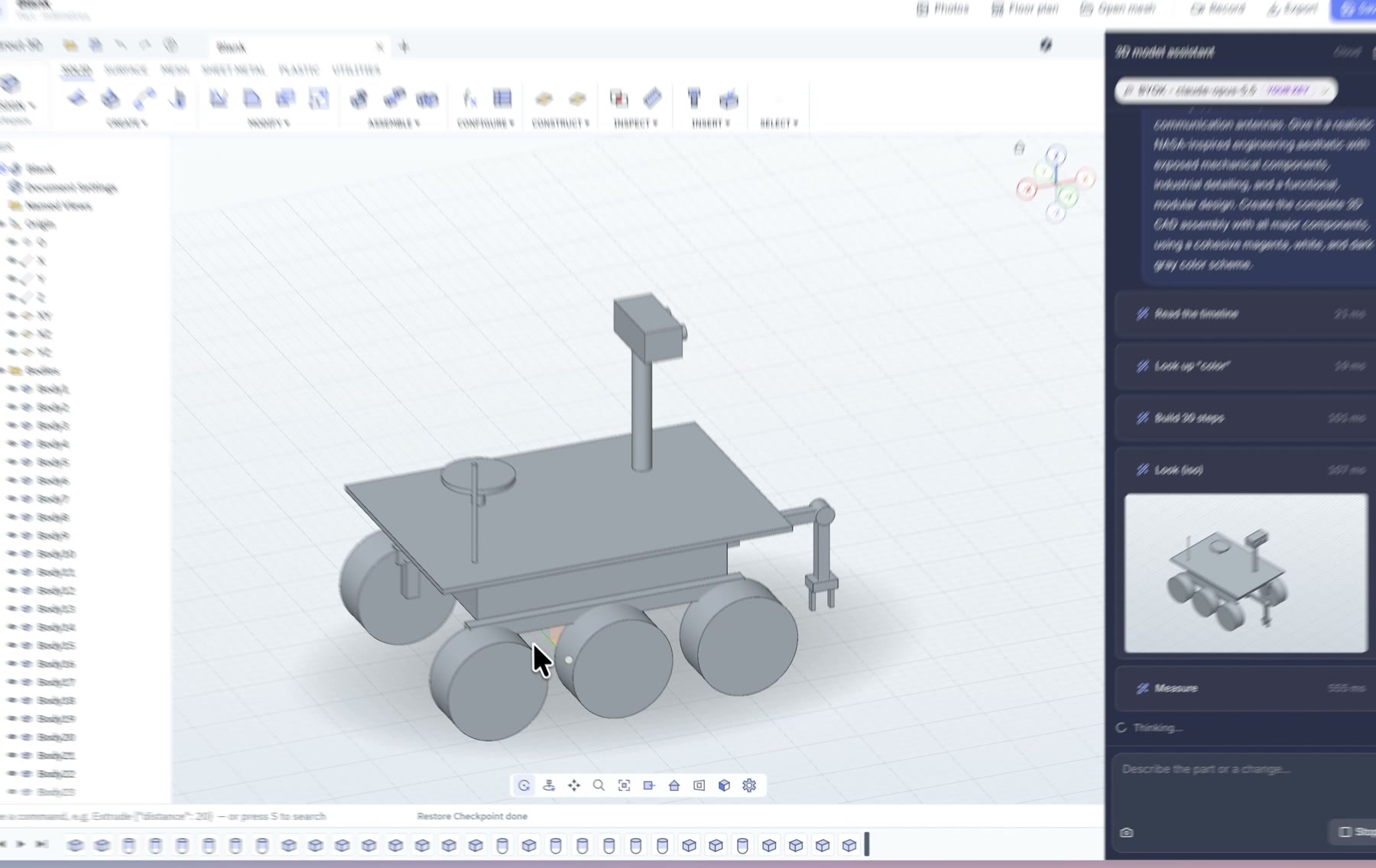 Eerste versie van de door AI gebouwde Mars rover in de Grout 3D-viewport met buildstappen vermeld in de assistent