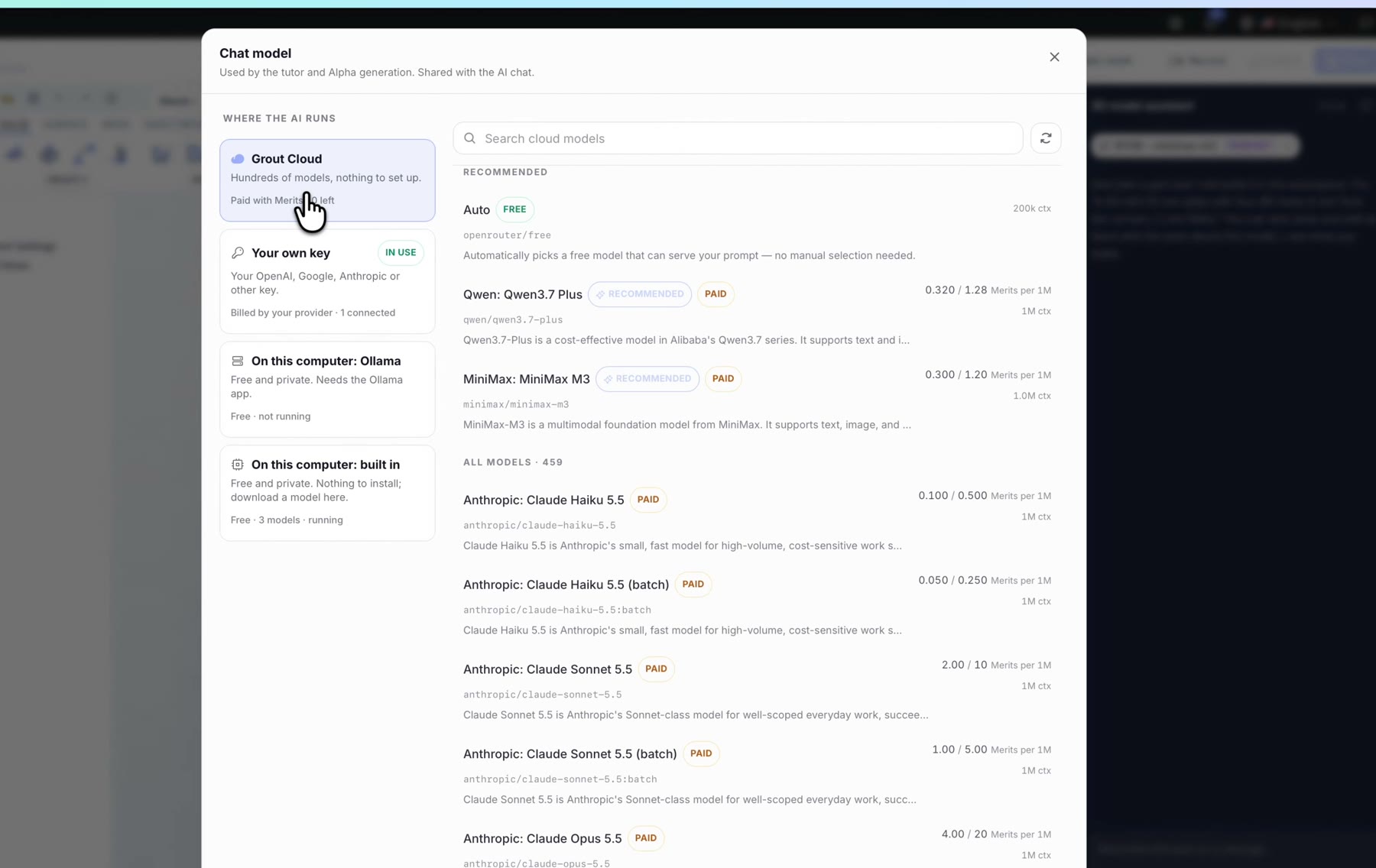 GroutApp chatmodelkiezer met Grout Cloud, je eigen sleutel en opties op deze computer met Claude- en Qwen-modellen