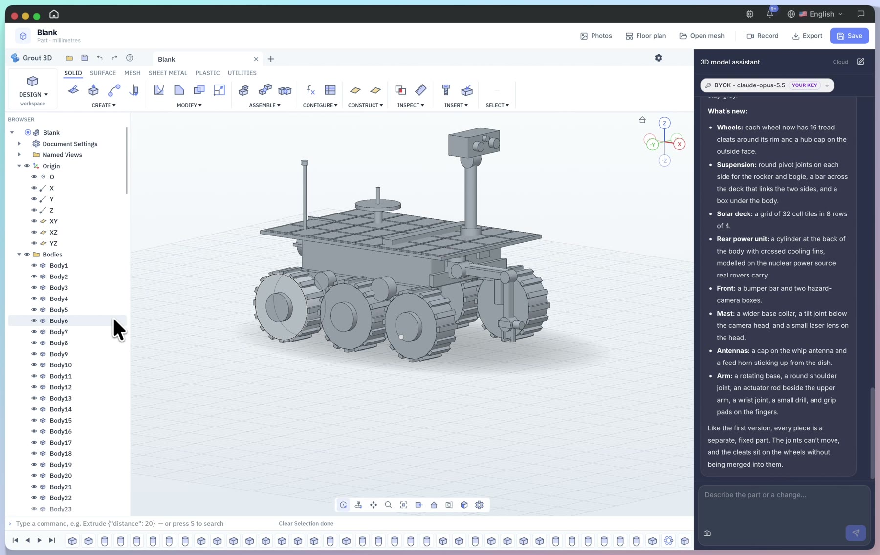 Grout 3D-werkbalk met het Surface-tabblad geselecteerd en de feature tree met roverlichamen