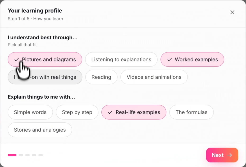 AI Teacher learning profile: I understand best through pictures and diagrams and worked examples, explain with real-life examples