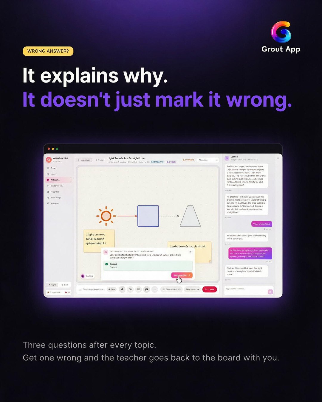 Wrong answer? It explains why instead of just marking it wrong: a checkpoint question on the board