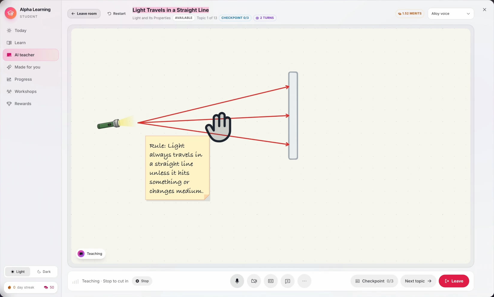 AI Teacher whiteboard in GroutApp showing a torch, light rays to a wall and a handwritten note: light always travels in a straight line