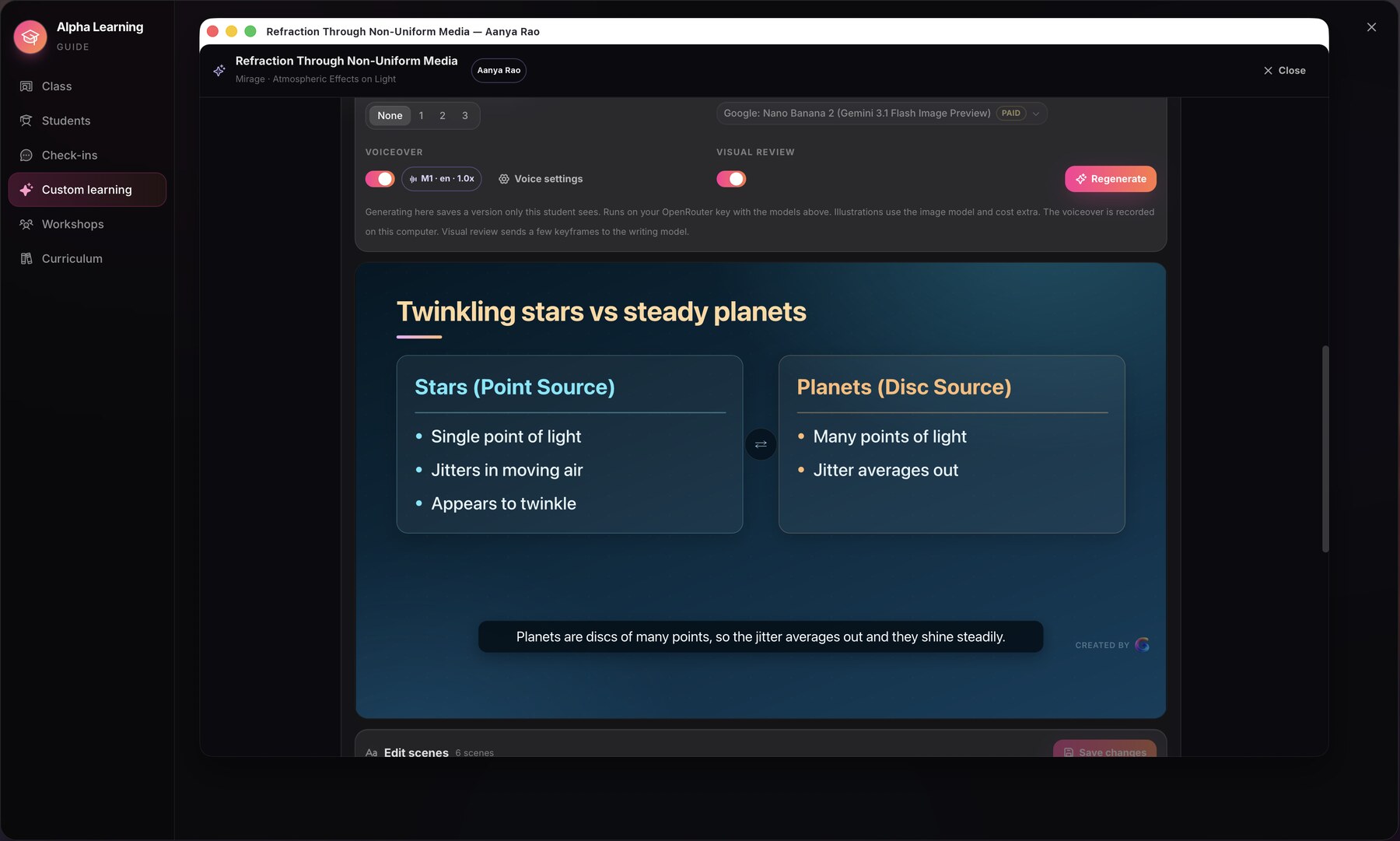 Alpha Learning animation editor showing a scene comparing twinkling stars and steady planets