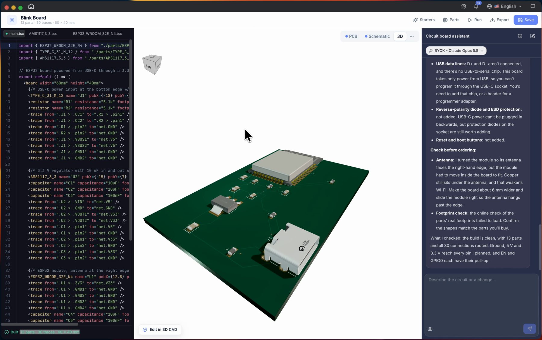 Vue 3D de la carte de circuit imprimé verte terminée à côté des notes de vérification avant commande de l'assistant