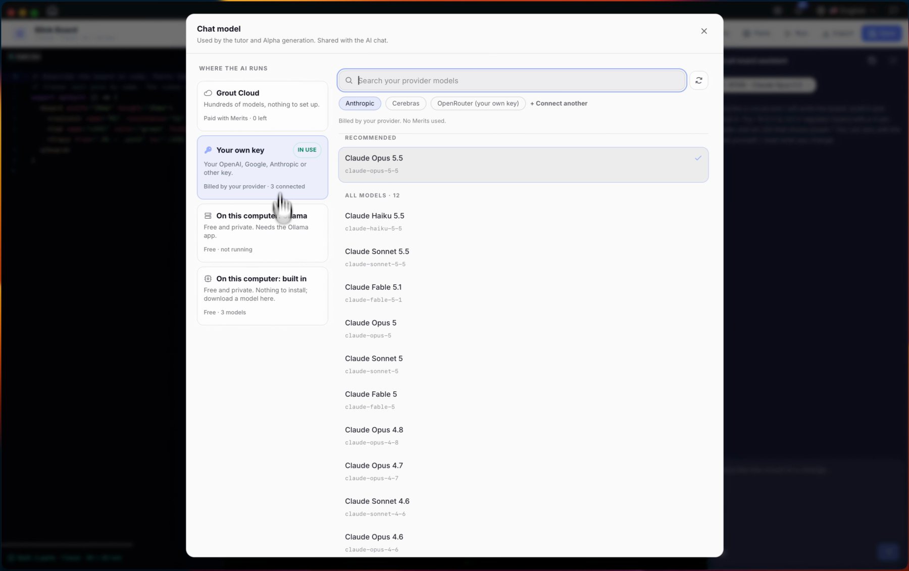 Sélecteur de modèle de chat GroutApp avec les options Grout Cloud, votre propre clé et sur-cet-ordinateur