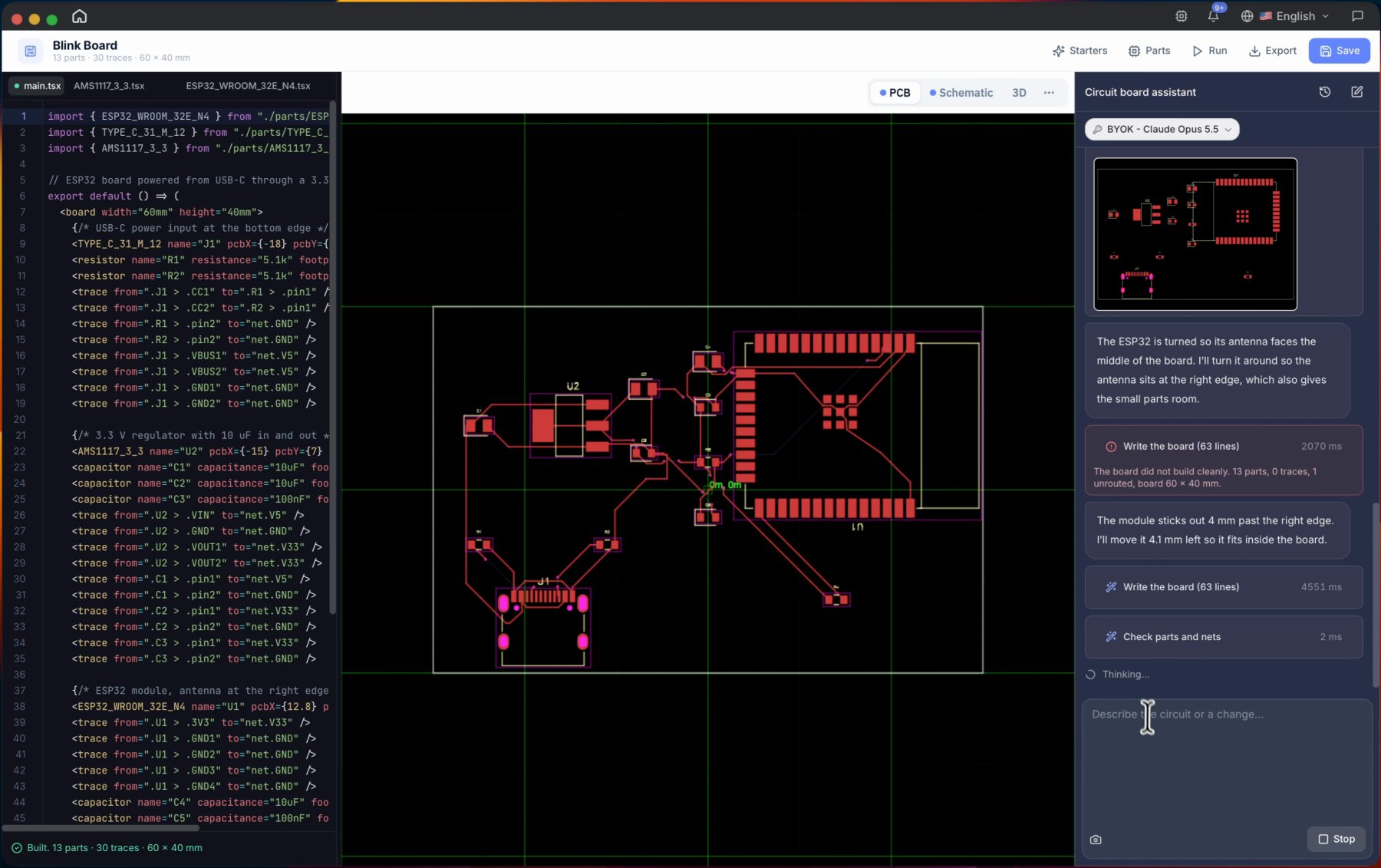 Circuit Board Studio montrant une carte ESP32 avec pistes routées, le code de la carte et les notes de l'assistant