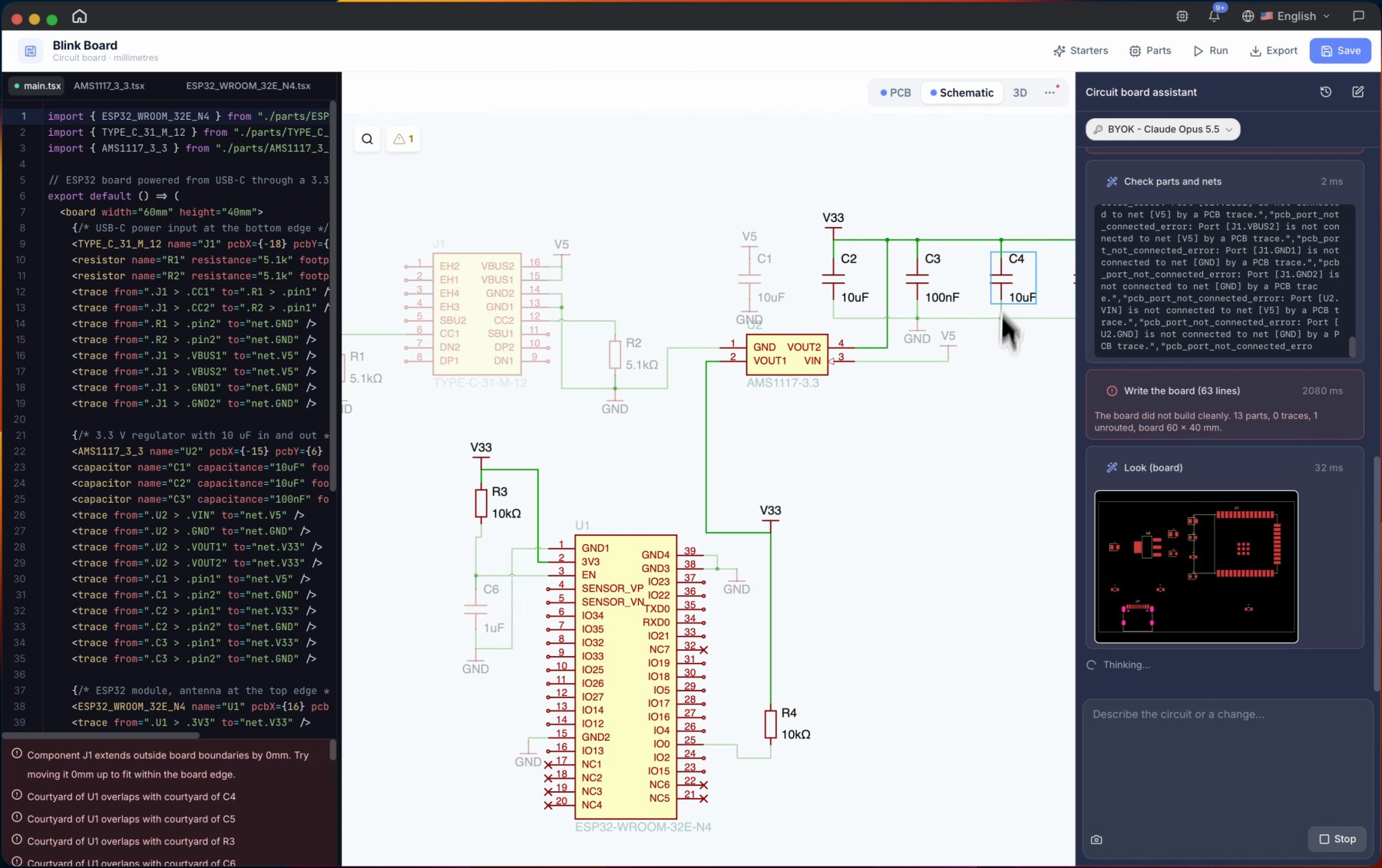 Vue schématique de la carte ESP32 avec le connecteur USB-C, le régulateur AMS1117 et les résistances de tirage