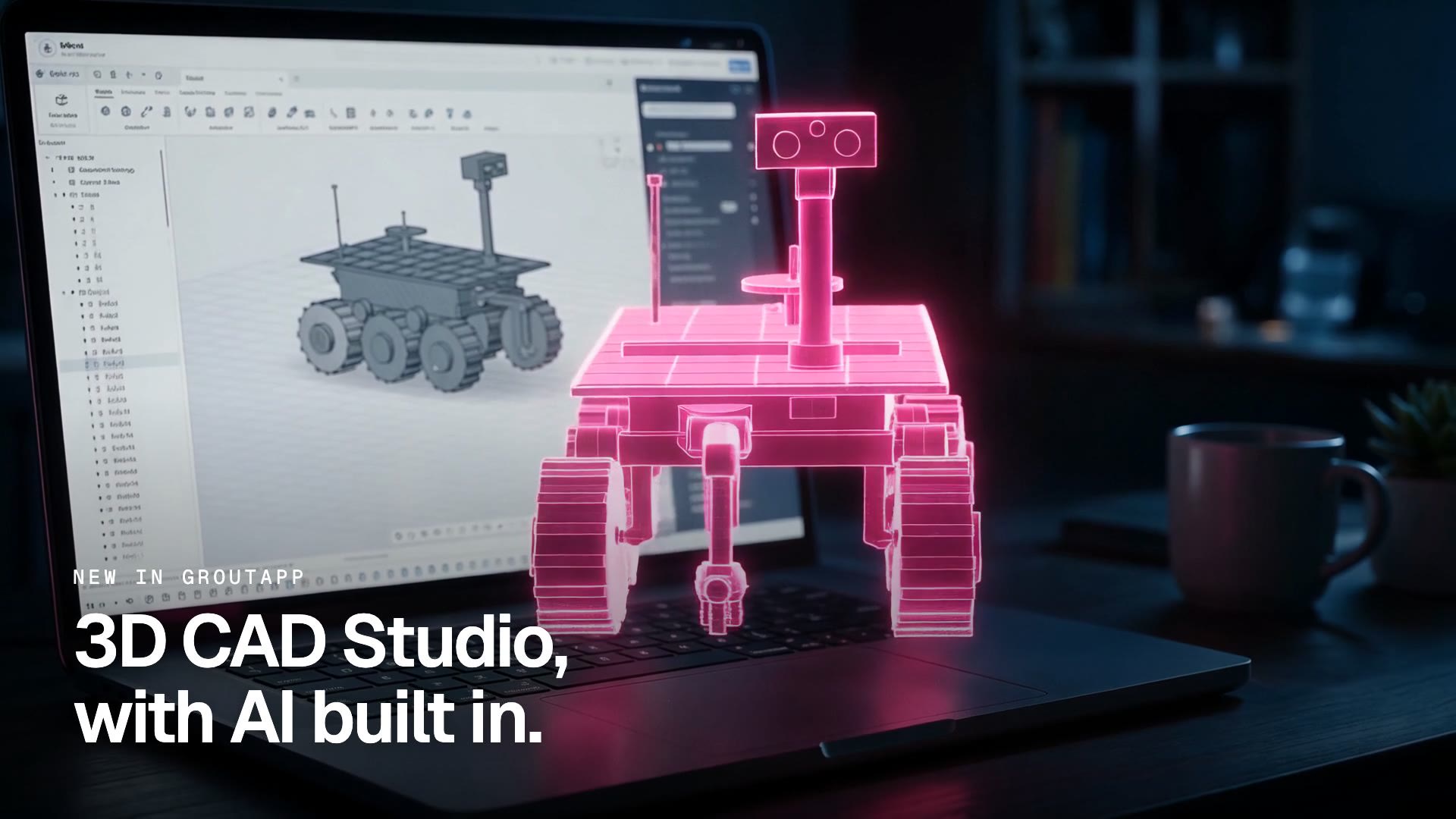 3D CAD Studio in GroutApp bouwt een zeswielige Mars-rover vanuit een tekstprompt