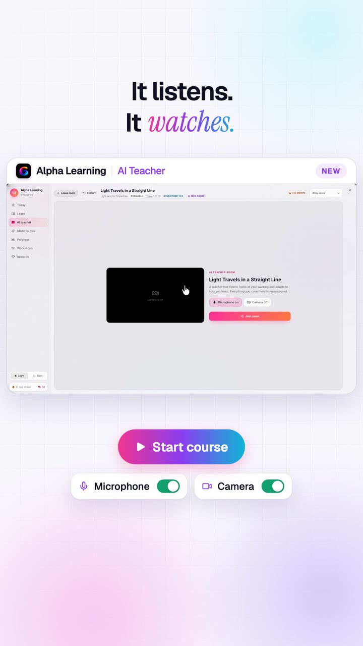 AI Teacher in GroutApp: learning profile, then a whiteboard lesson on light