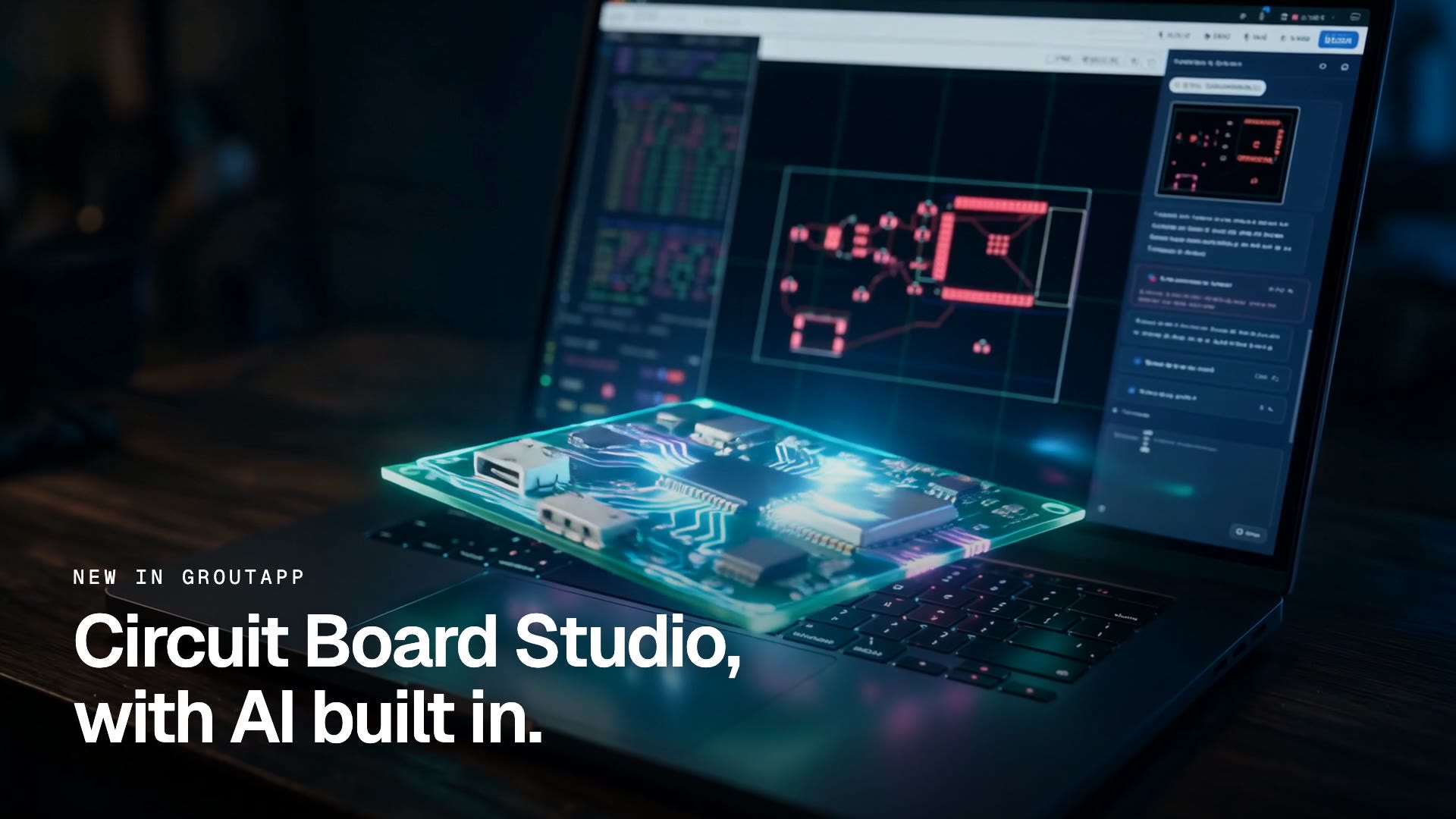 Circuit Board Studio dans GroutApp concevant une carte ESP32 à partir d'une requête texte