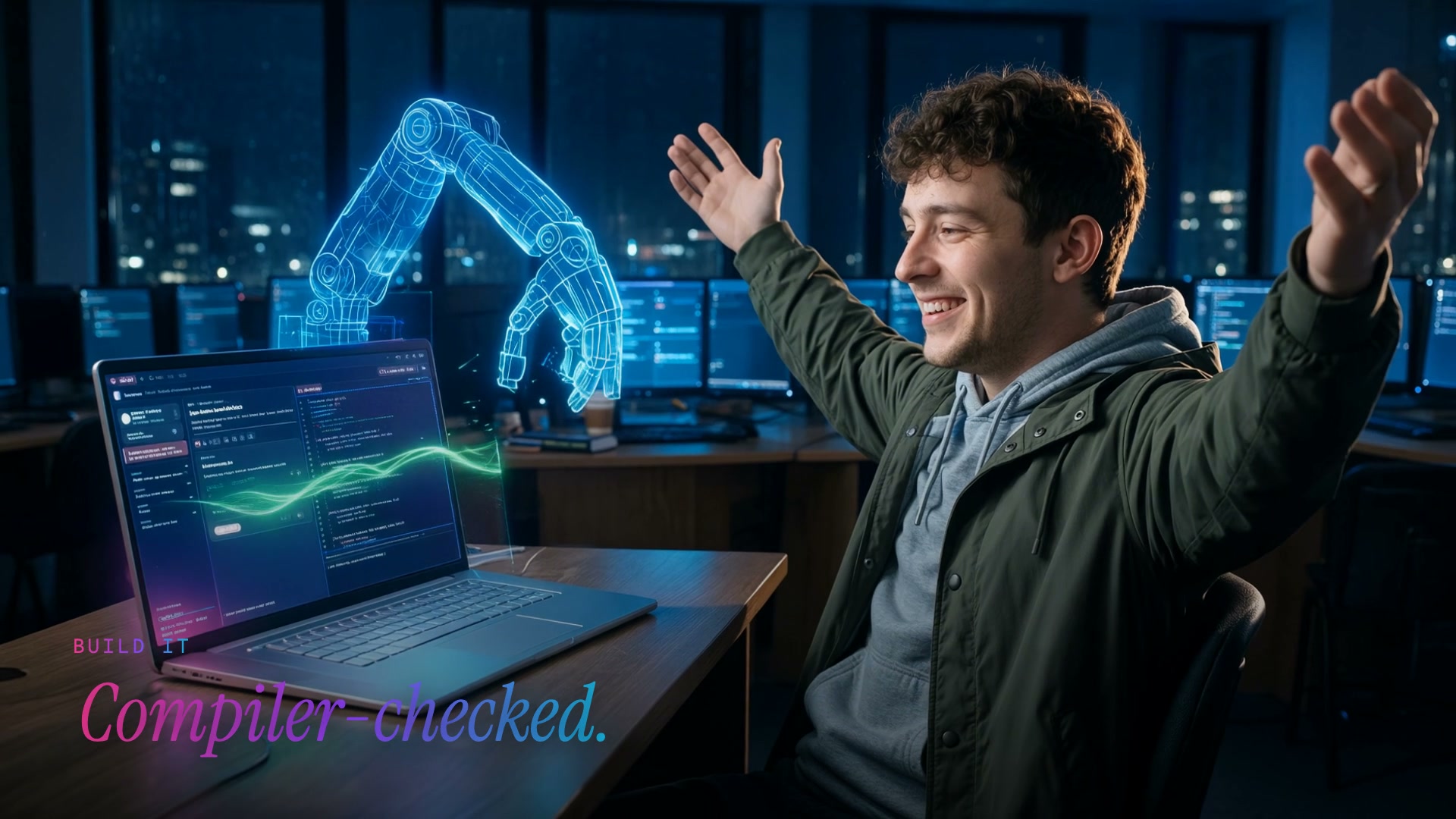 A student cheers beside a laptop as a holographic robot arm lifts above it, from the Grout for universities film